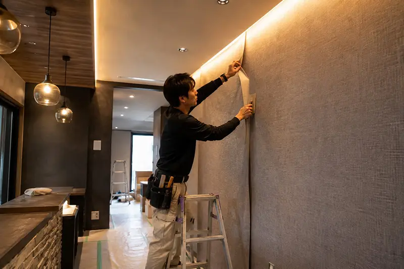 クロス張替え中の作業員